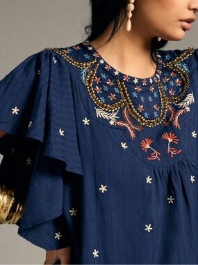 Anthropologie Navy Embroidered Flutter Sleeve Crew Neck Women’s Minidress